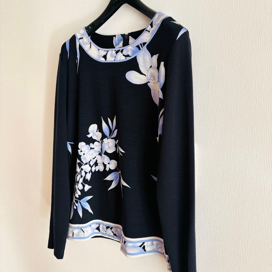 ★極美品★LEONARD★シルクウール花柄ニットトップス★40★紺★