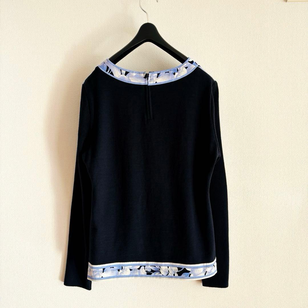 ★極美品★LEONARD★シルクウール花柄ニットトップス★40★紺★