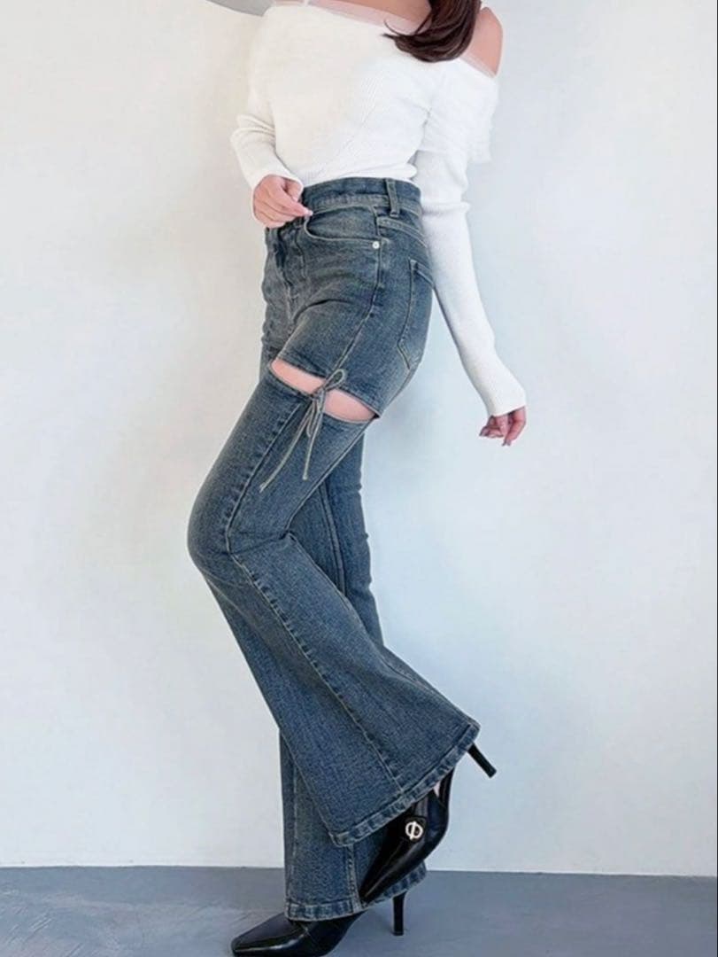 RESEXXY カットアウトリボンデニムパンツ ブルー Sサイズ