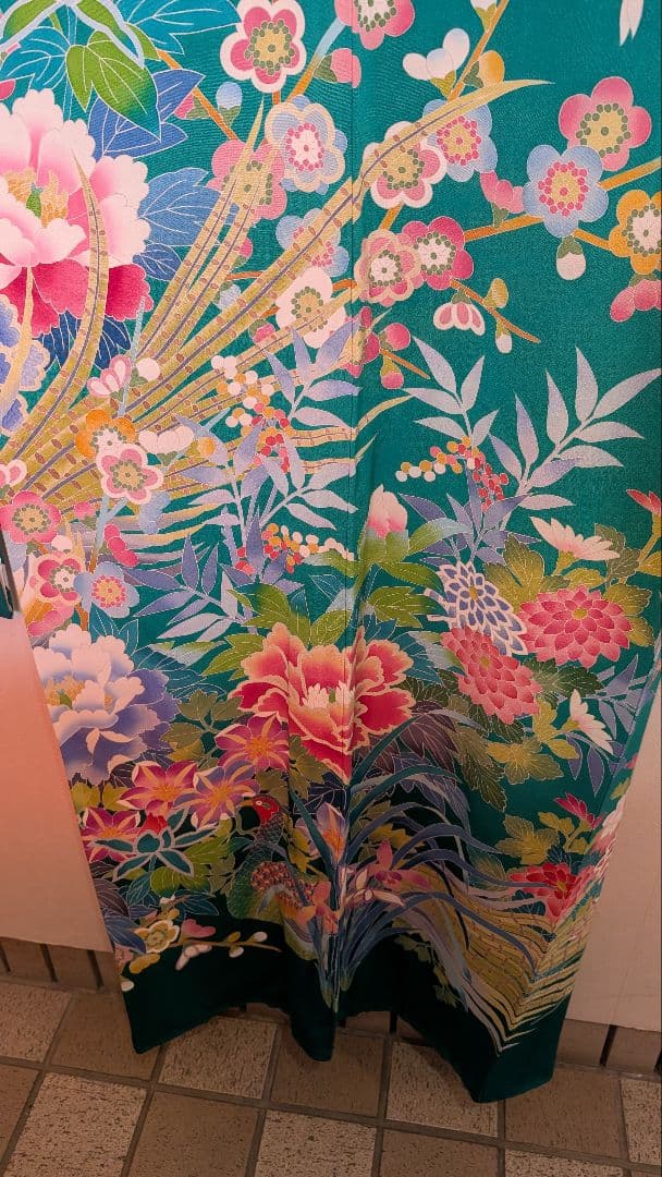 【超美品】緑色 花柄 鳥刺繍 振袖と 長襦袢セット♪