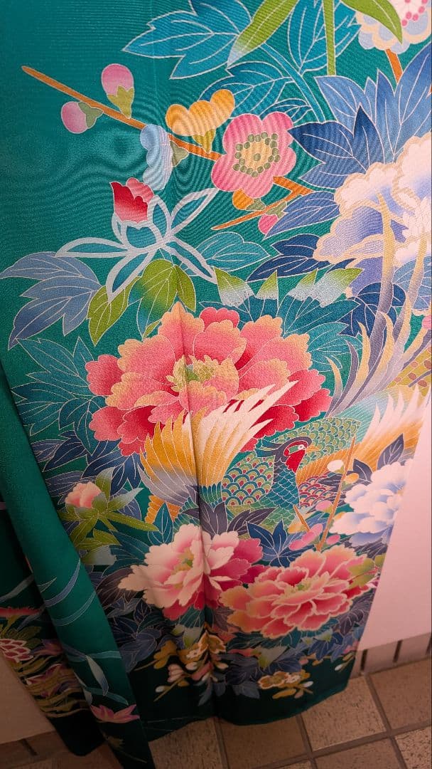 【超美品】緑色 花柄 鳥刺繍 振袖と 長襦袢セット♪