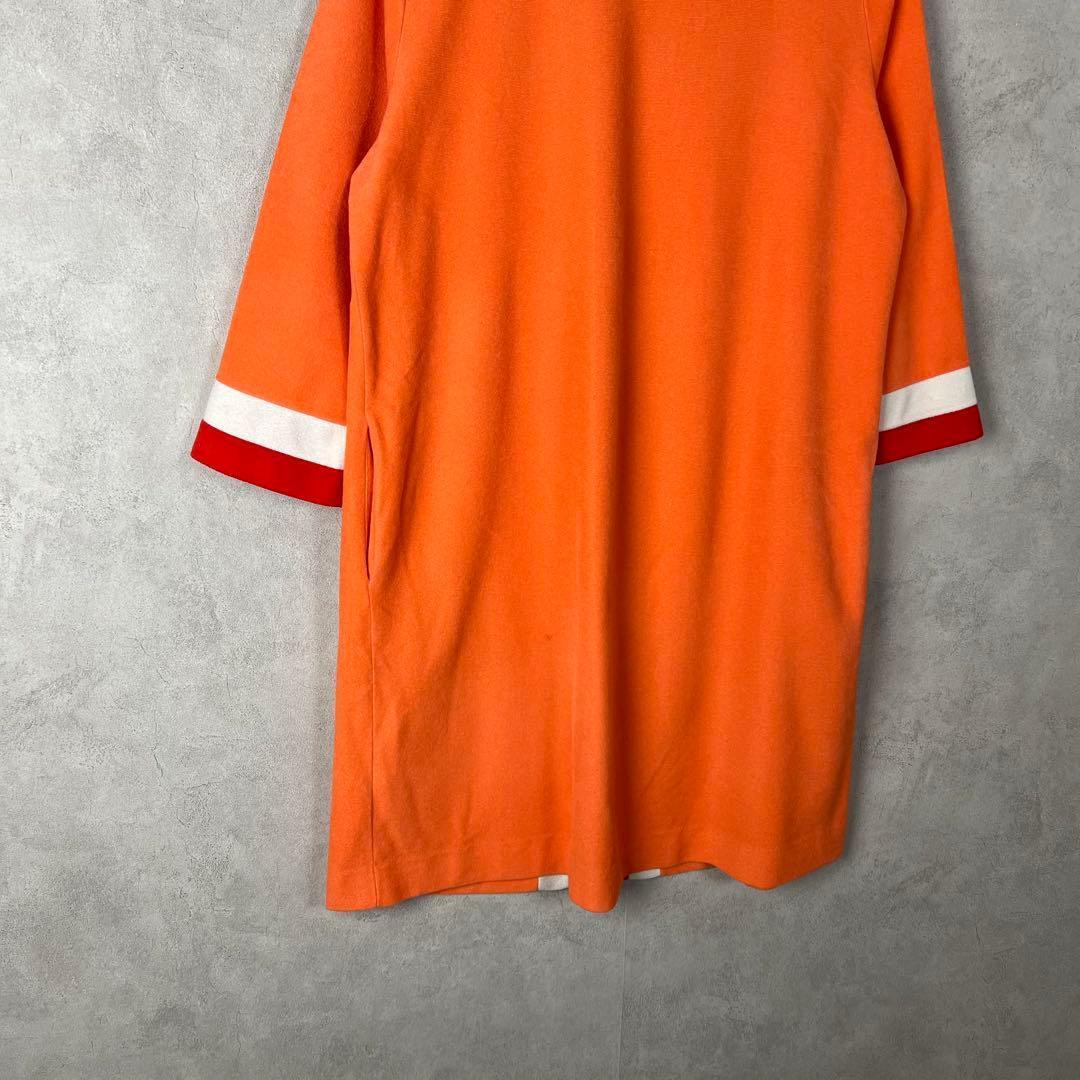 70s USA製 長袖ワンピース オレンジ パイル生地 ジップ vintage
