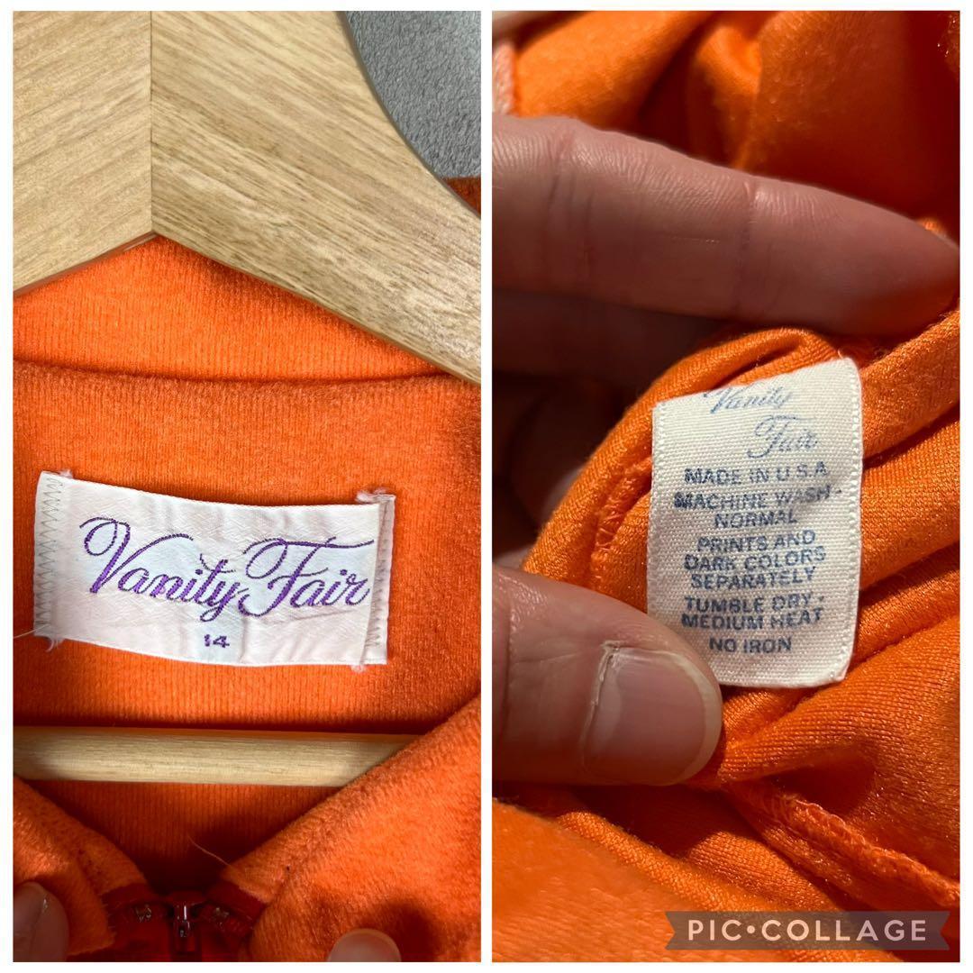 70s USA製 長袖ワンピース オレンジ パイル生地 ジップ vintage