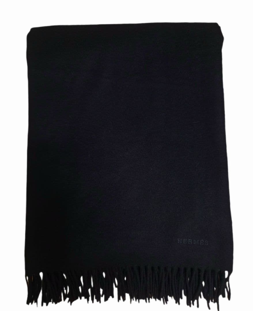 【美品】HERMES エルメス 超大判ストール カシミヤ100％ ブラック