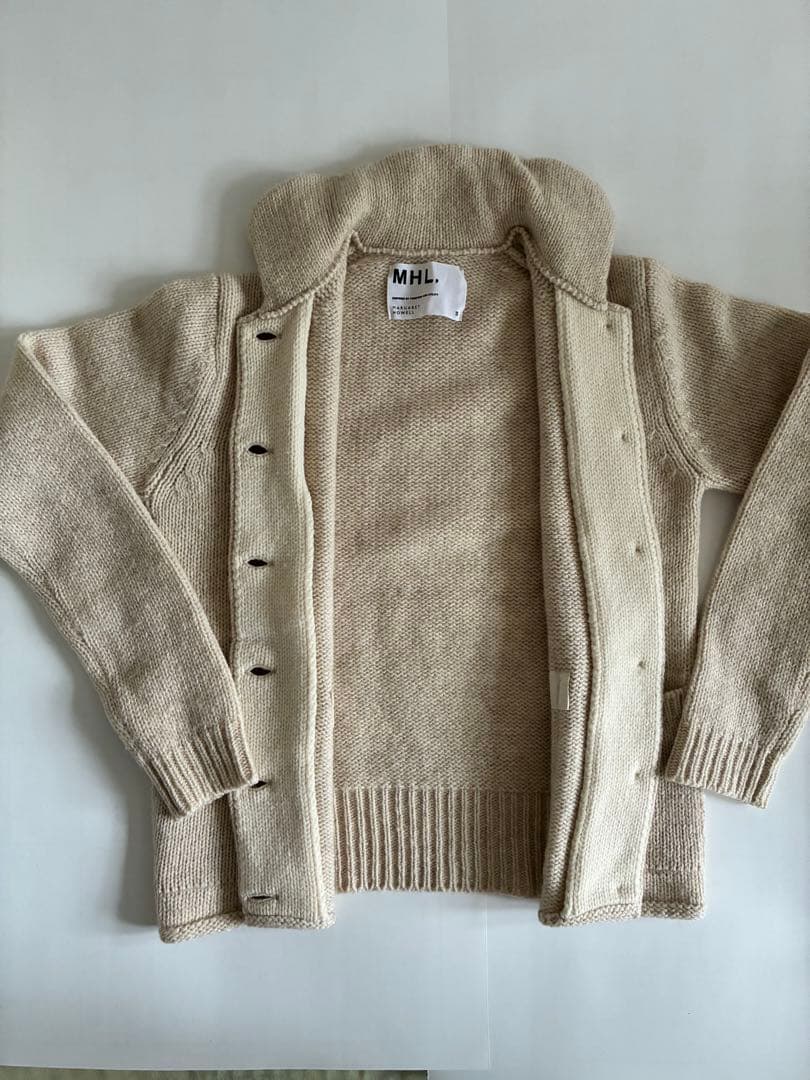 美品　MHL, マーガレットハウエル　ベージュ 襟付き ニットカーディガン　M