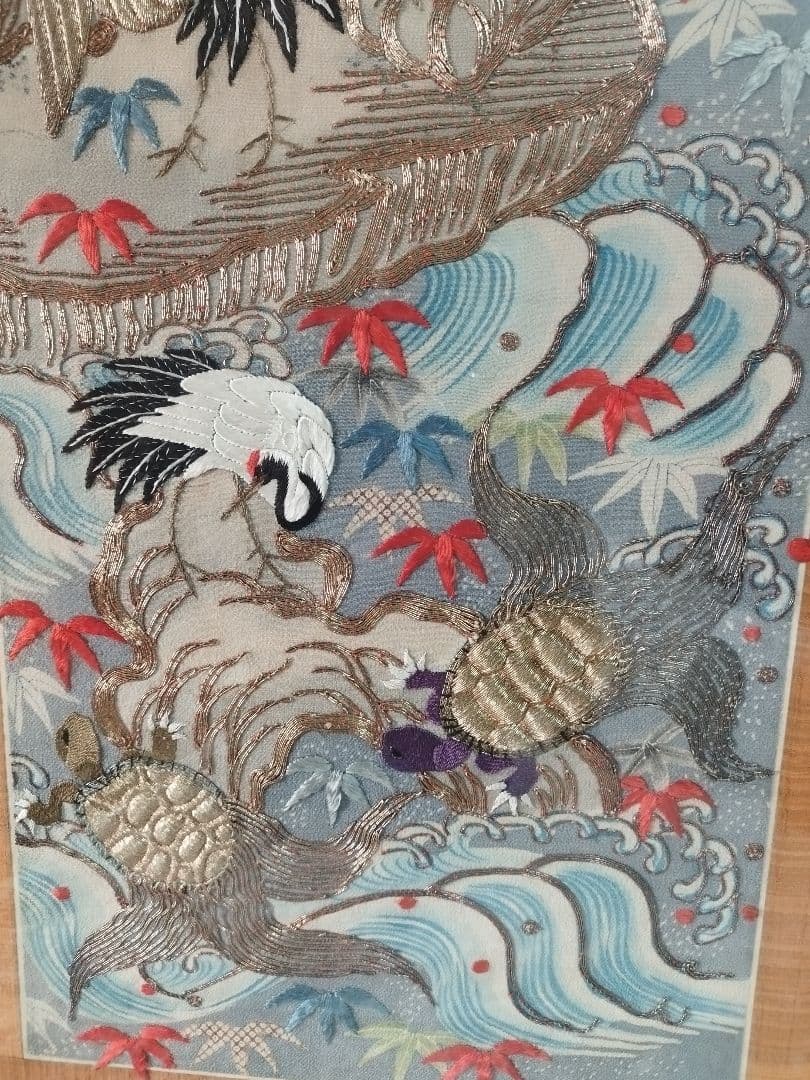 あああ　縁起物 鶴亀 刺繍 打掛 額装 和風インテリア アンティーク