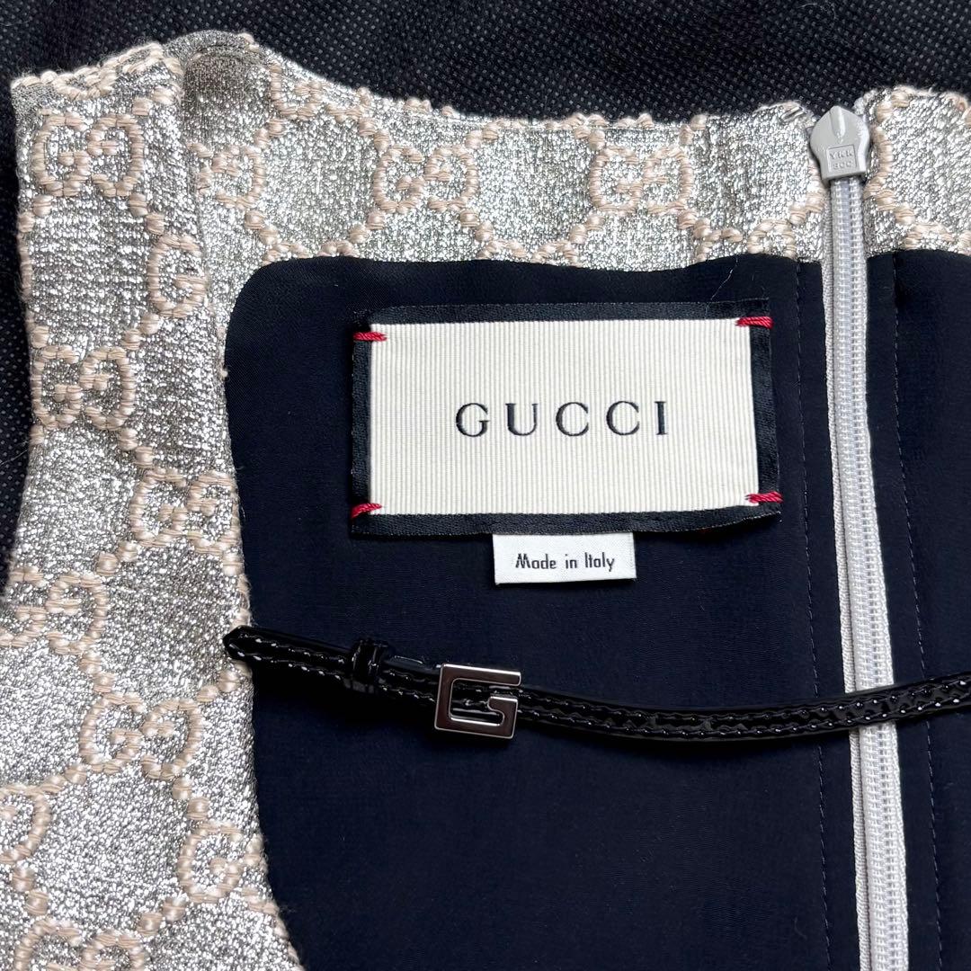 GUCCI GG総柄 ラメツイード ワンピース パテントレザー切替 Gチャーム