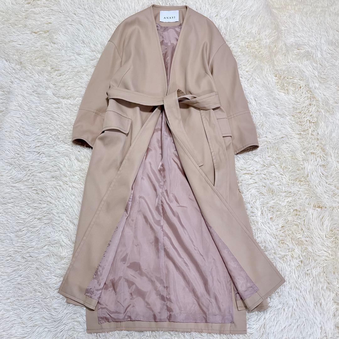 極美品　ANAYI　ロングコート　ノーカラー　ベルトコート　ベージュ　38