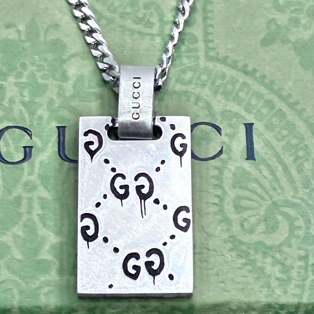 【美品】グッチ　GUCCI　ゴースト　スカル　ネックレス　スクエア　シルバー