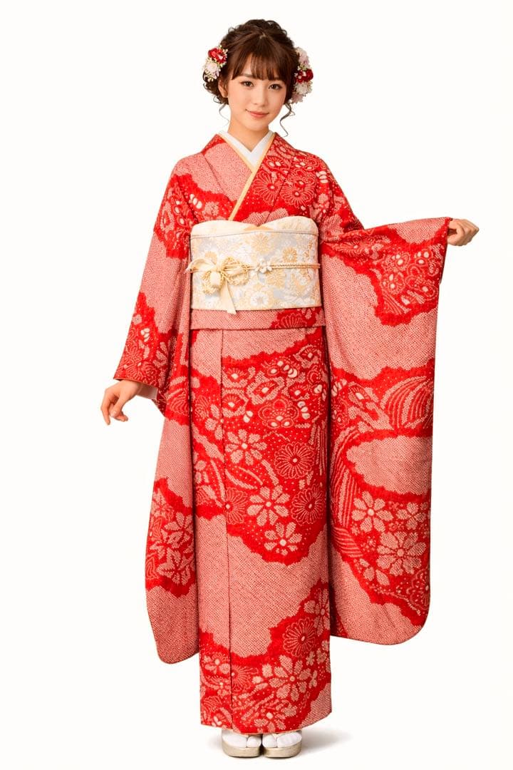 総絞り 振袖 正絹 朱赤 鹿の子 花柄 美品 成人式