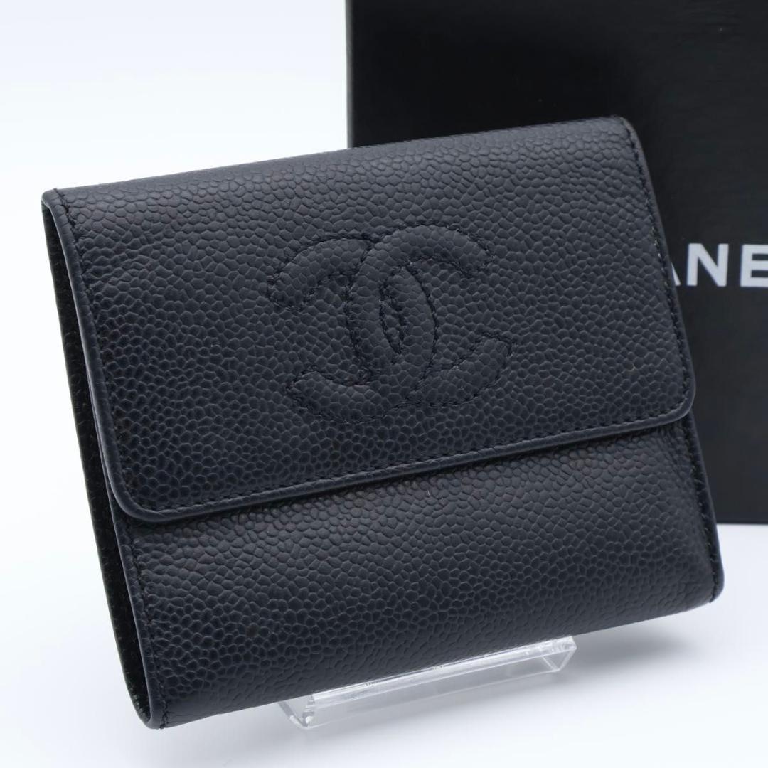 【極美品】CHANEL ココマーク　三つ折り財布　キャビアスキン　黒