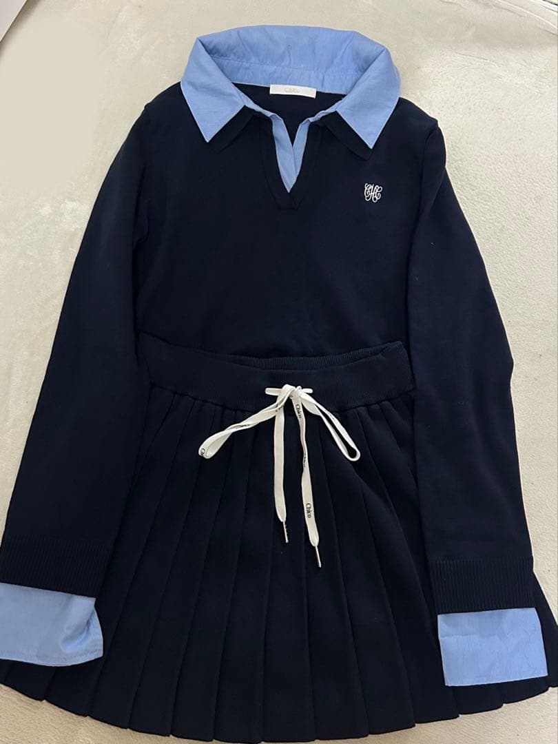 Chico 襟付きポロニット ニットプリーツスカート セットアップ ネイビー