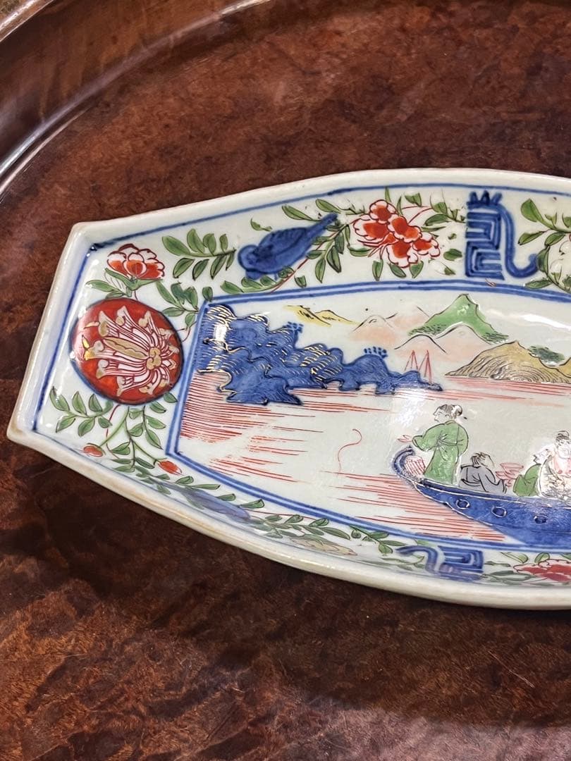 古伊万里　色絵　長皿　無傷完品　上手　赤絵　花唐草　唐草　柿右衛門　鮎皿　舟皿
