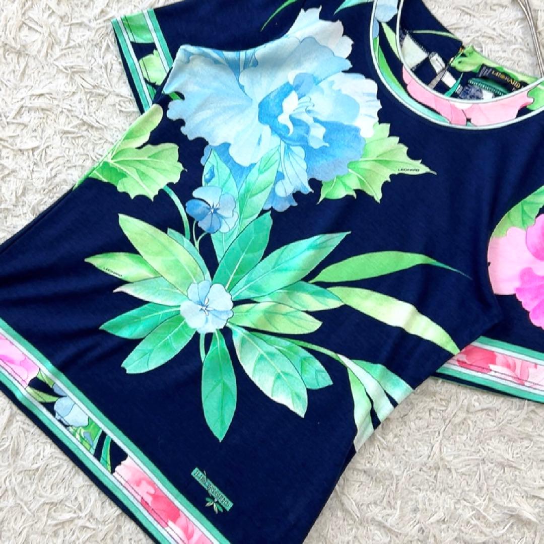 レオナール カットソー Tシャツ 総柄 花 フラワー トリム M マルチカラー