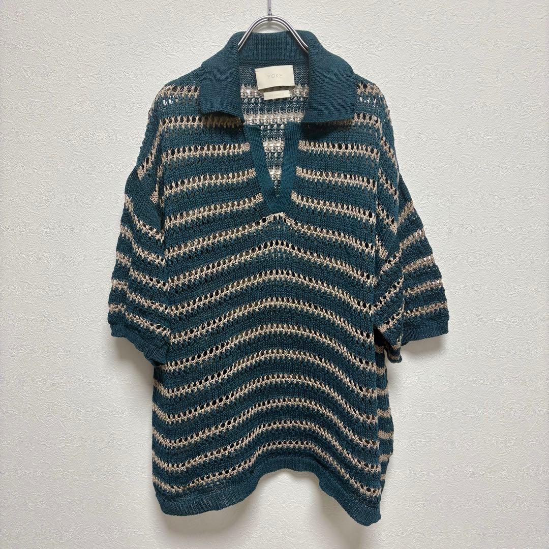 【今期25SS/極美】YOKE ボーダー メッシュニット スキッパーポロ 2 緑