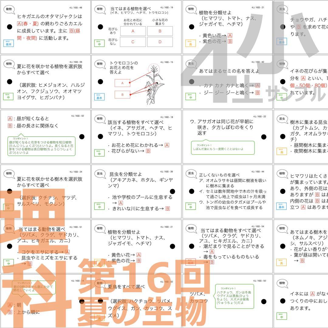 中学受験 暗記カード【4年生向け 理科上下 生物全セット】植物,動物