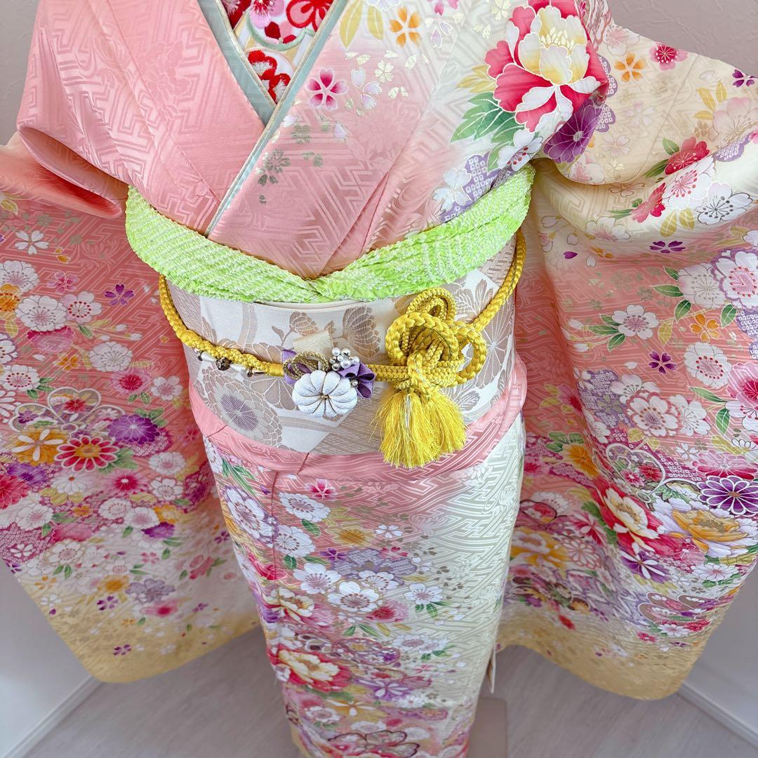 正絹振袖フルセット 淡い華やかな色 花柄 金彩 成人式にも！！ピンク 黄