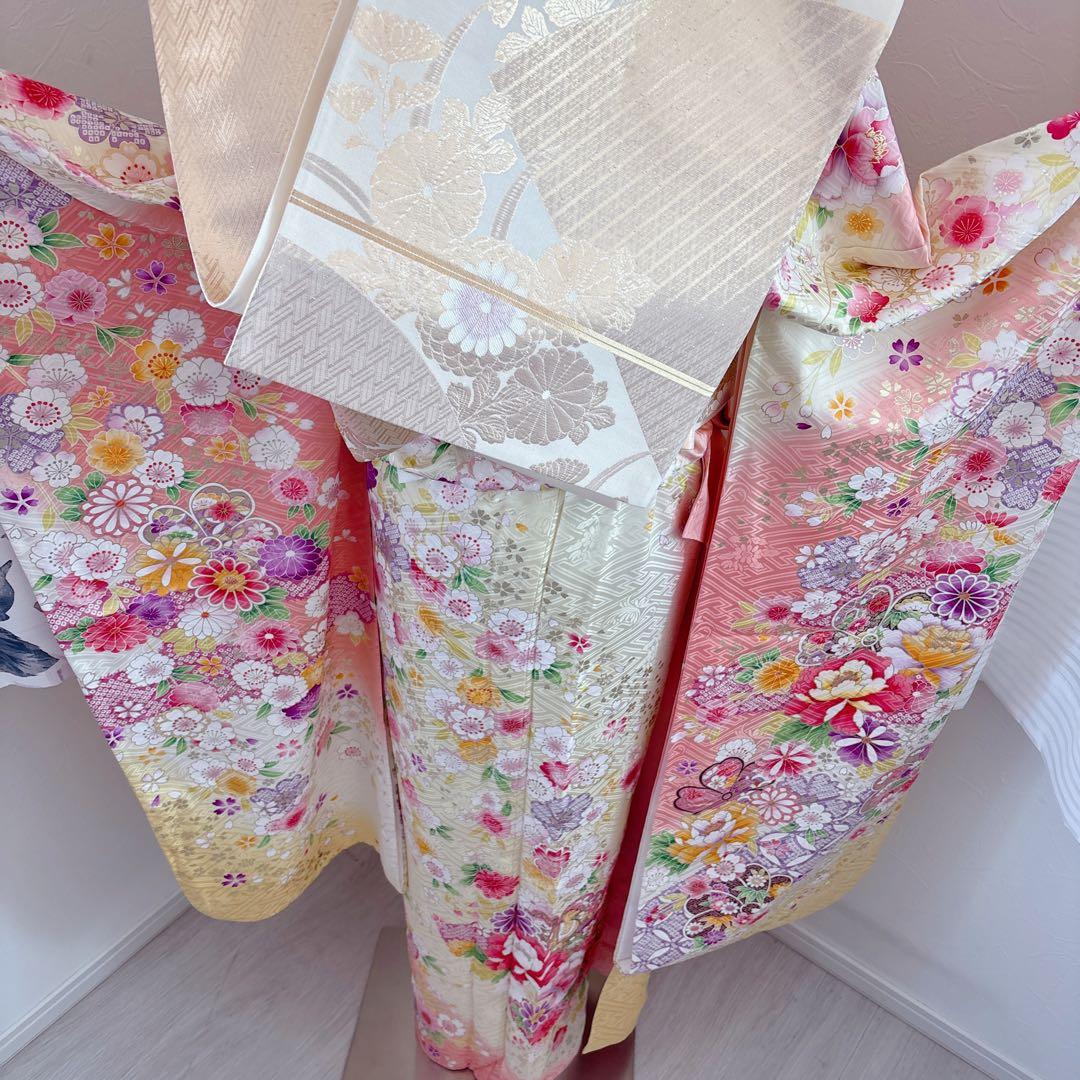 正絹振袖フルセット 淡い華やかな色 花柄 金彩 成人式にも！！ピンク 黄