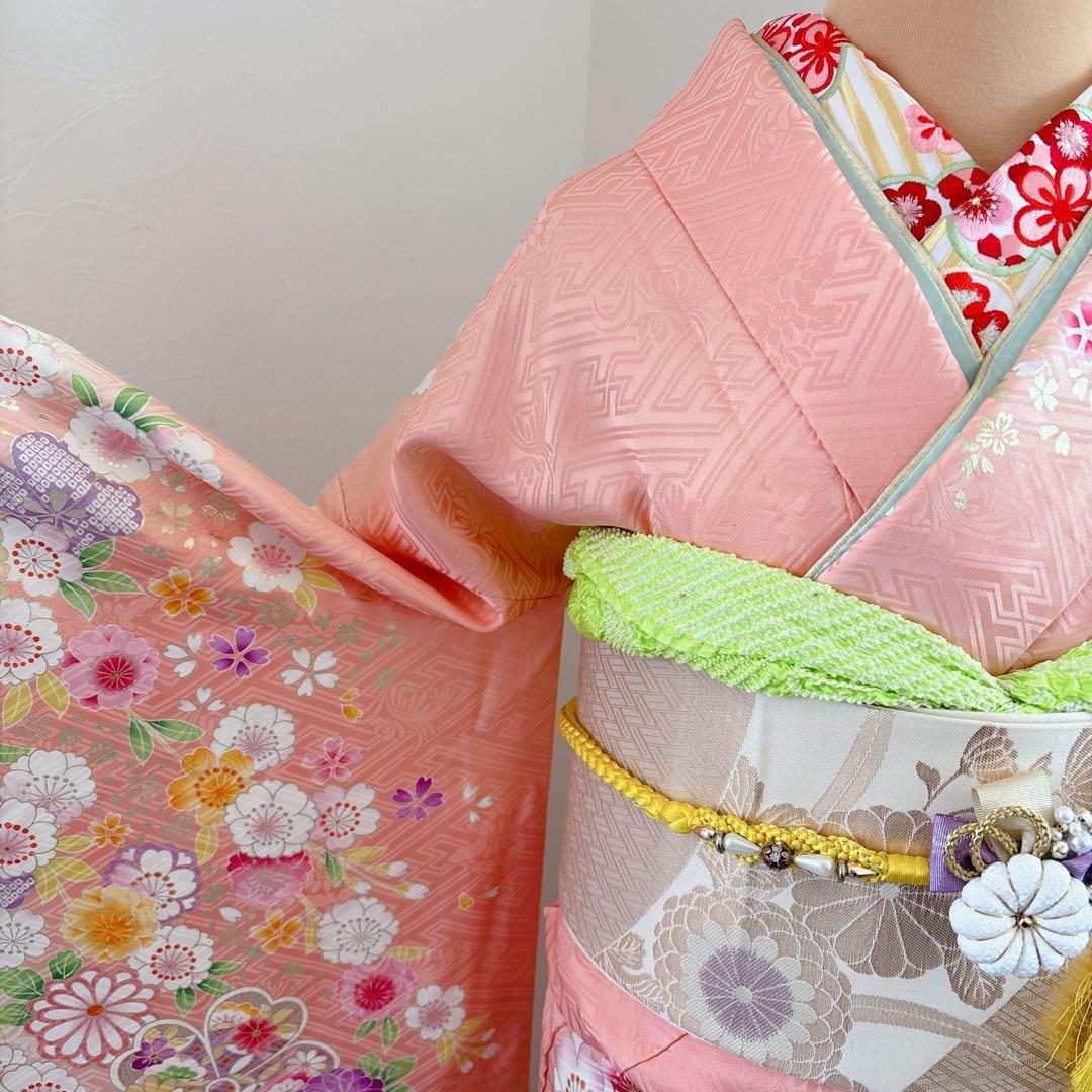 正絹振袖フルセット 淡い華やかな色 花柄 金彩 成人式にも！！ピンク 黄