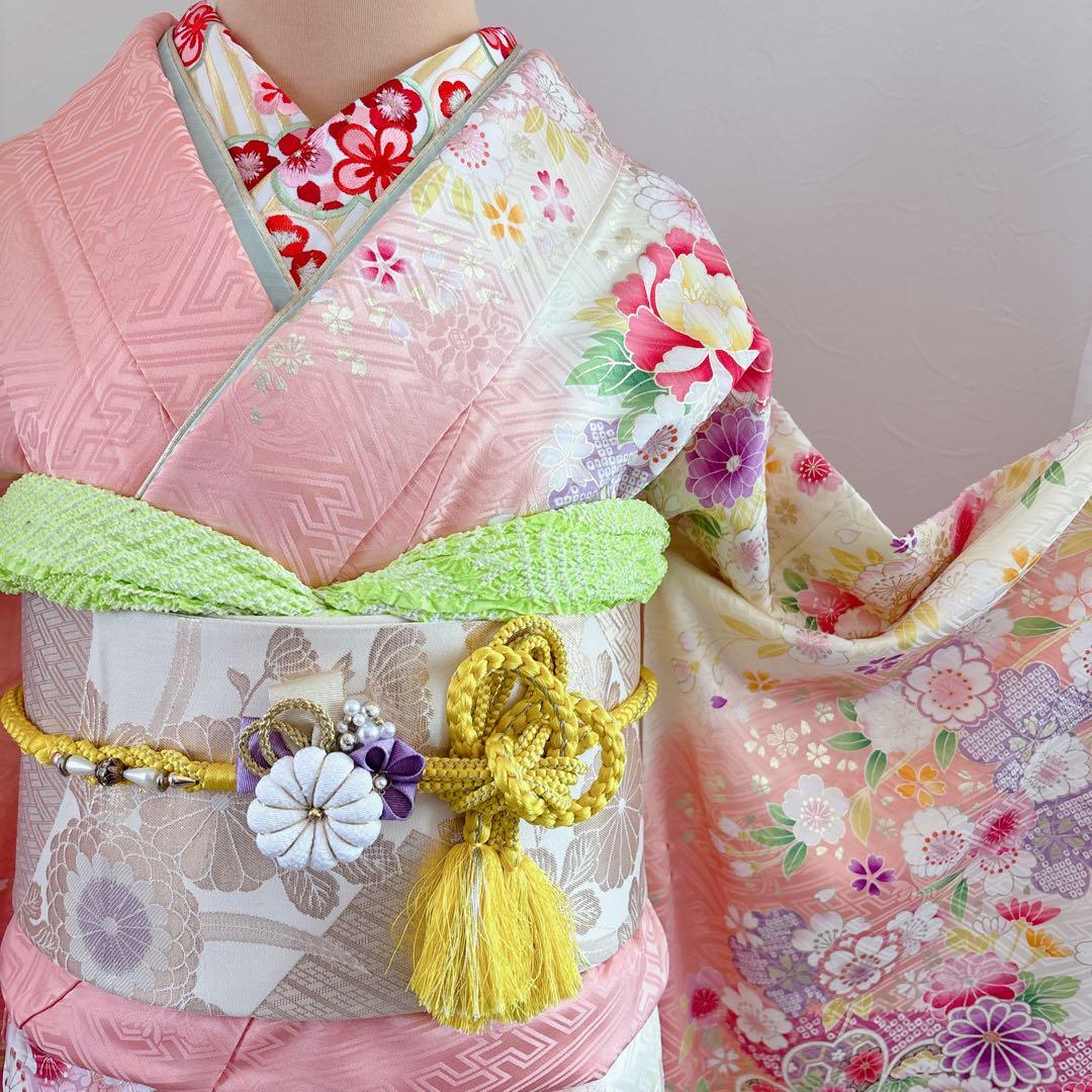 正絹振袖フルセット 淡い華やかな色 花柄 金彩 成人式にも！！ピンク 黄