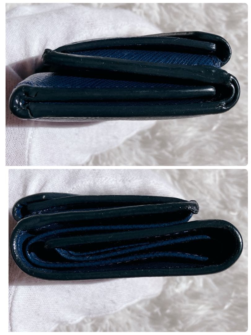 美品✨プラダ　サフィアーノレザー　本革　折り財布　1MH021 ゴールドロゴ　青
