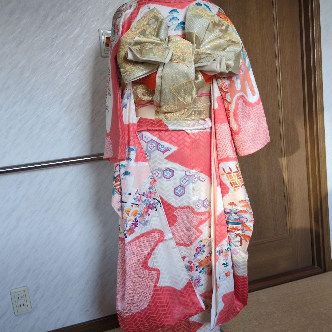 ✨50% OFF✨振袖 ピンク系 花柄 金色の帯長襦袢の3点セット