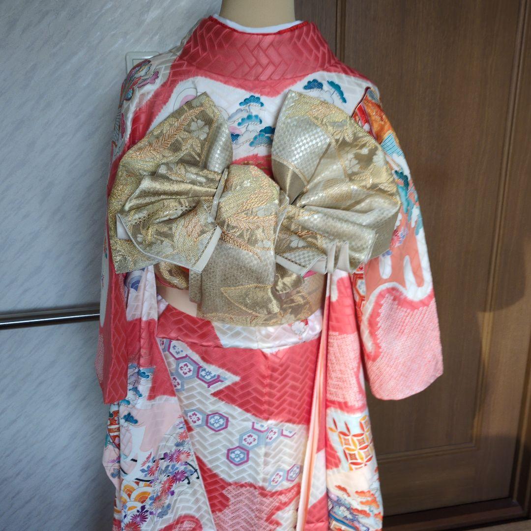 ✨50% OFF✨振袖 ピンク系 花柄 金色の帯長襦袢の3点セット