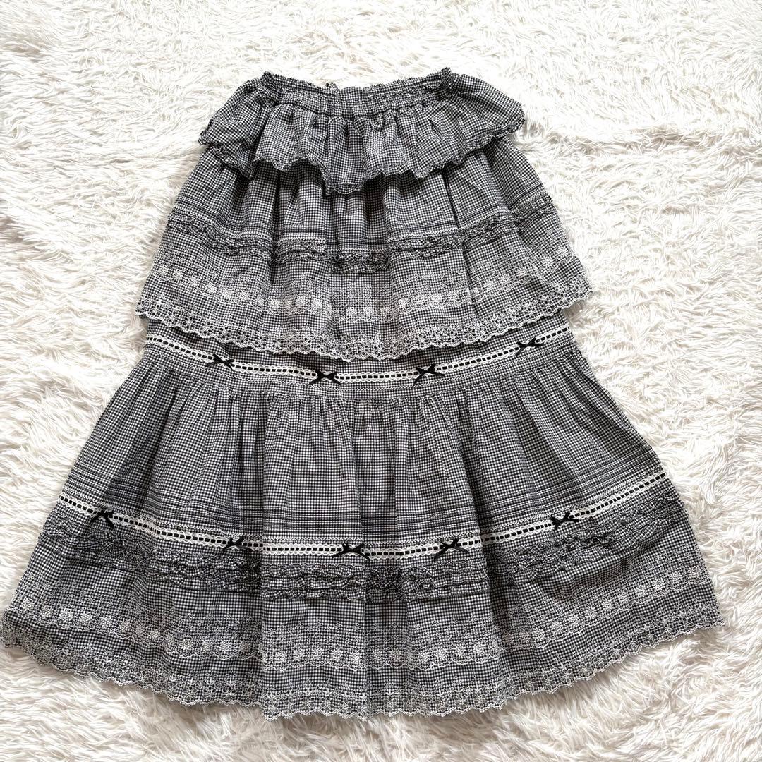 美品✨️ピンクハウス　ギンガムチェック　ローン　ティアード　レースロングスカート