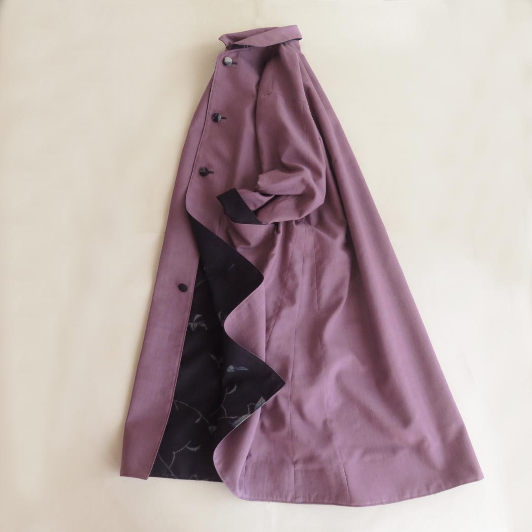 着物リメイク　正絹紬　リバーシブル　ロング　コート 　マキシ　古布　羽織