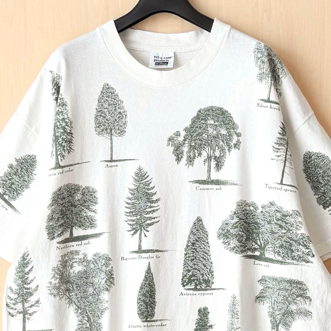 90s USA製古着　ヴィンテージ　Tシャツ　色々な樹木　グラフィック　生成り