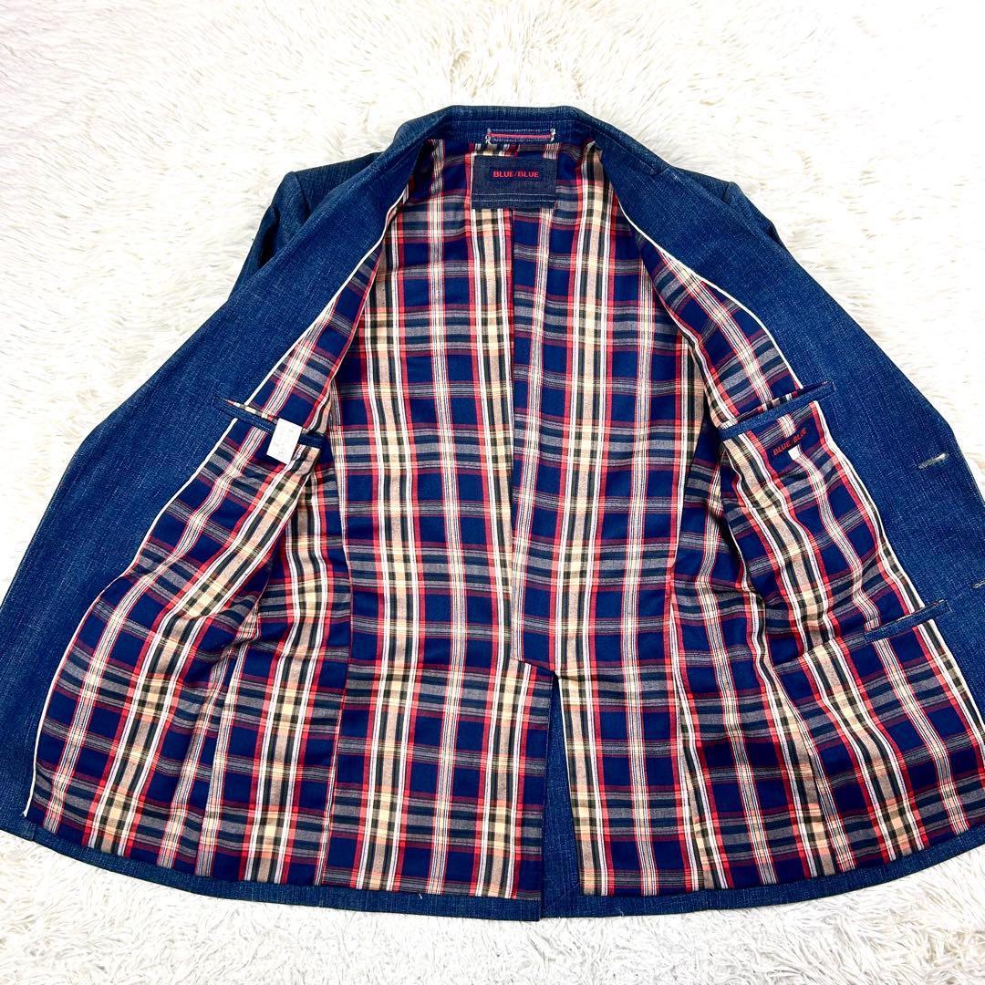 極美品 BLUE BLUE デニムテーラードジャケット 裏地チェック 2 M 春