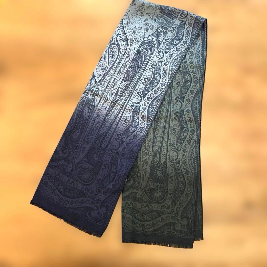 ETRO エトロ ストール　② 青、緑グラデーション　　ウール　シルク