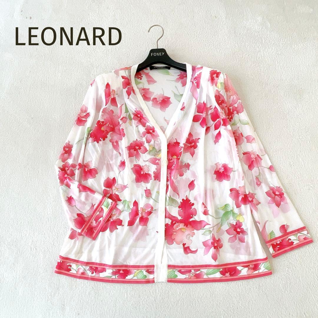 ★LEONARD★カンカン素材 ピンク白 花柄 カーディガン 透け感38