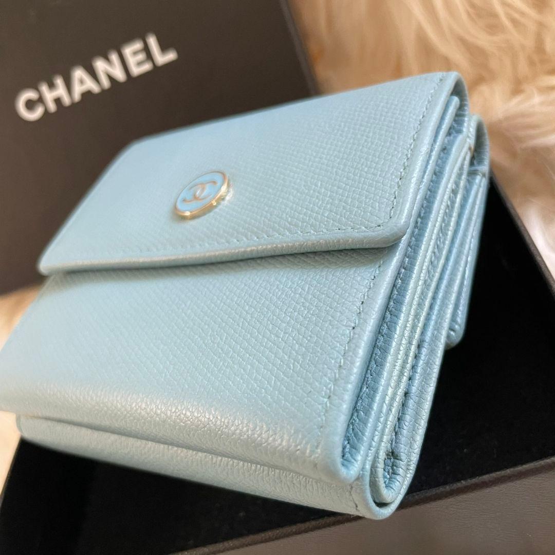 正規品 シャネル CHANEL 三つ折り 財布 ココボタン ブルー