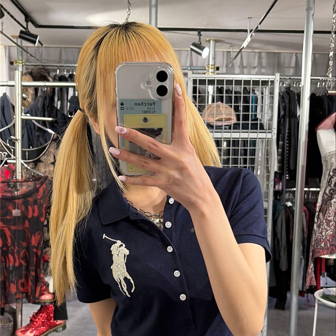 ラルフローレン　ビーズポロシャツ　ビックポニー　Y2K 刺繍　polo ネイビー