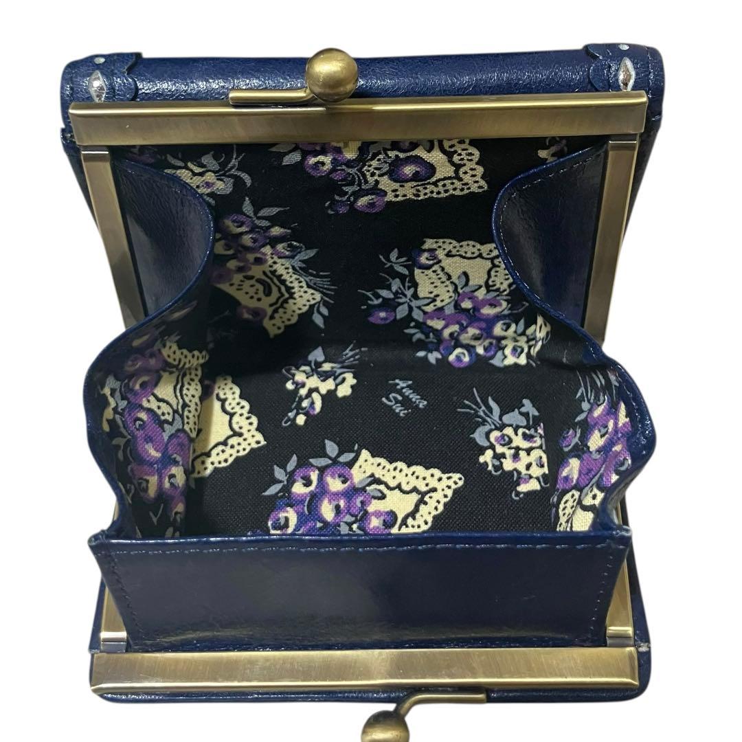 極美品✨蝶モチーフ がま口 三つ折り財布 アナスイ ネイビー レザー 花柄 ミニ