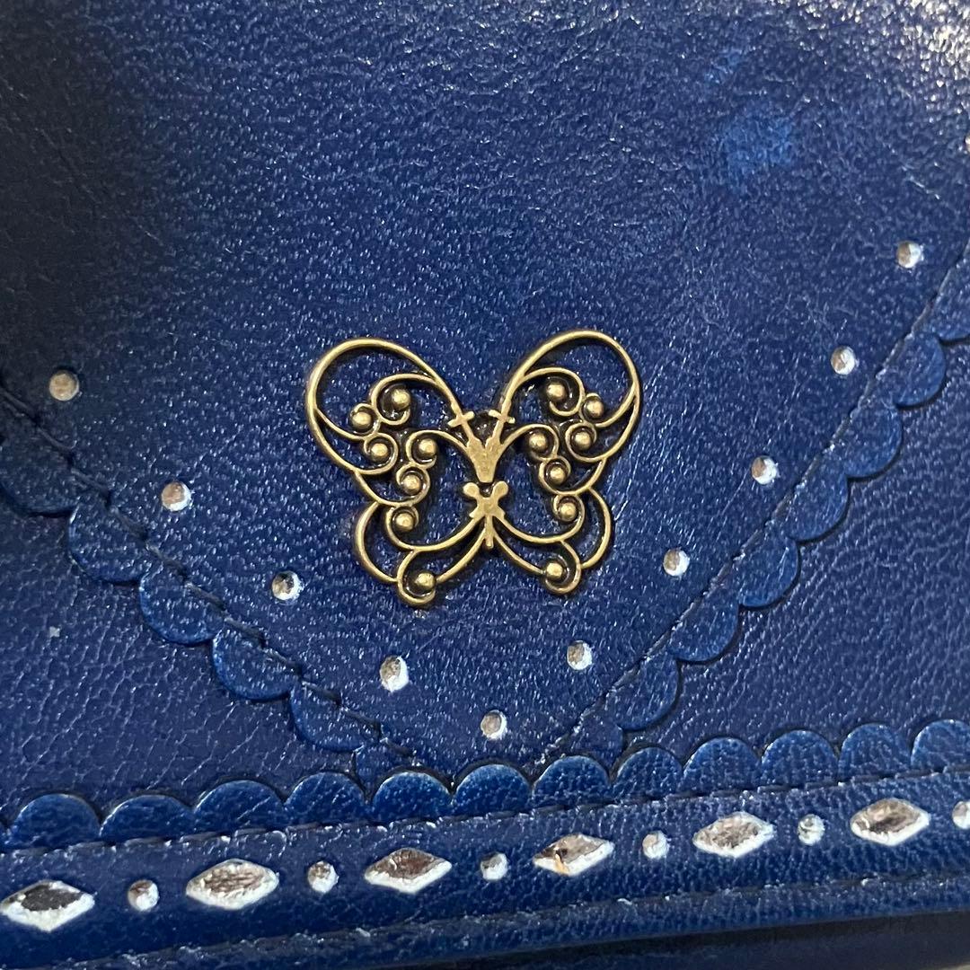 極美品✨蝶モチーフ がま口 三つ折り財布 アナスイ ネイビー レザー 花柄 ミニ