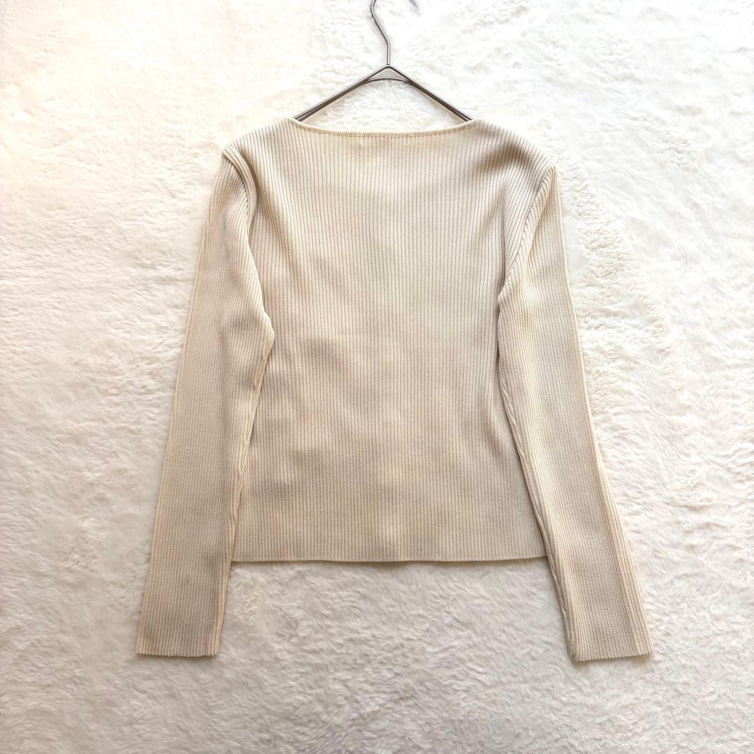 【Rene ルネ】リボン装飾 リブカーディガン 日本製 ベージュ 長袖 上品 S