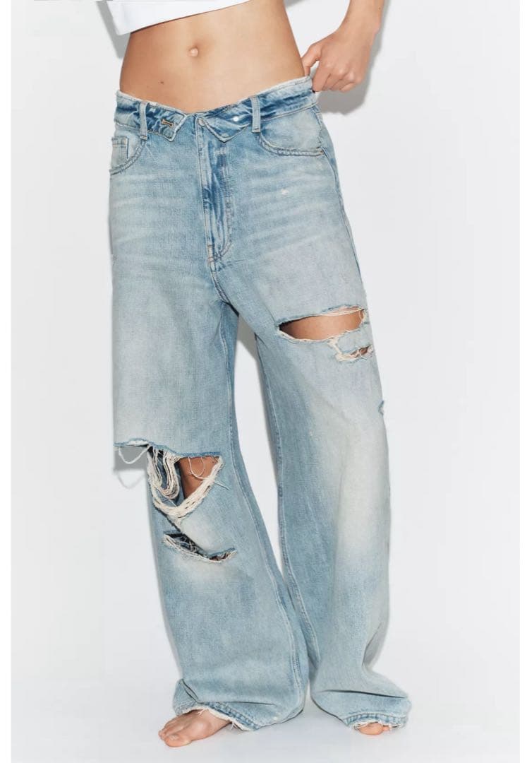 新品 ZARA TRF 折り返しウエスト デニム ライトブルー 34 完売品