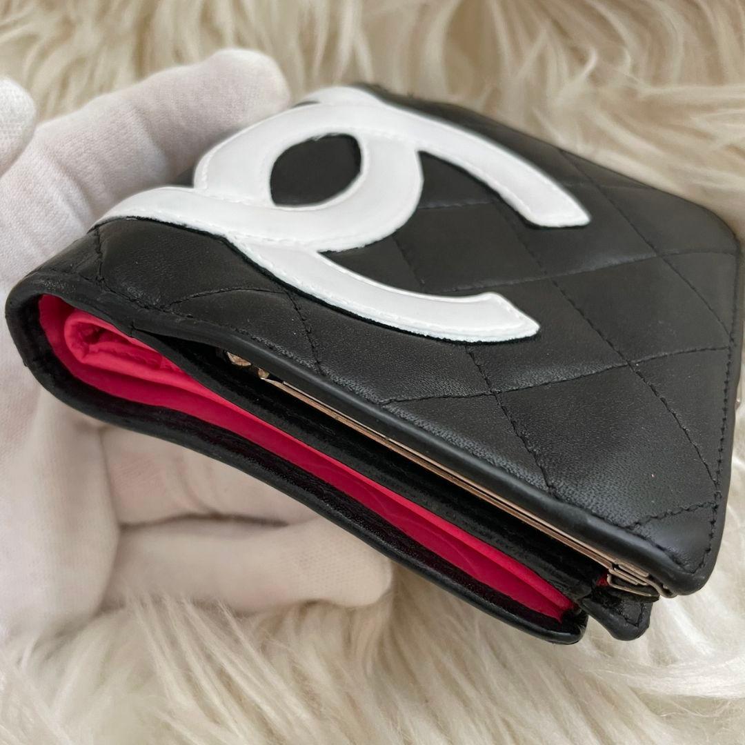 シャネル CHANEL 二つ折り 財布 カンボンライン ピンク 黒 がま口