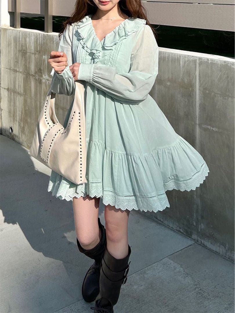 ミントグリーン フリル Aラインワンピース