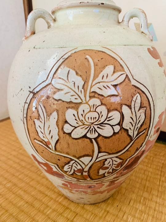 江戸時代三耳牡丹模様壺