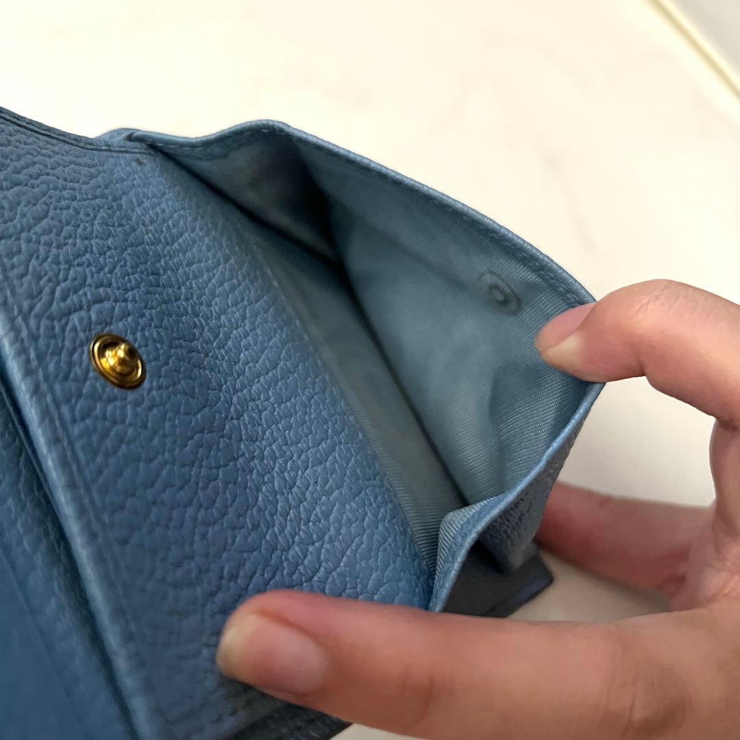 miumiu 折り財布 ブルー リボン 水色 ブルー レザー 箱付 ギャランティ