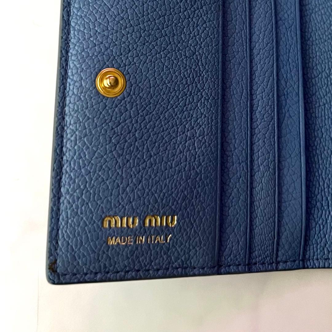 miumiu 折り財布 ブルー リボン 水色 ブルー レザー 箱付 ギャランティ