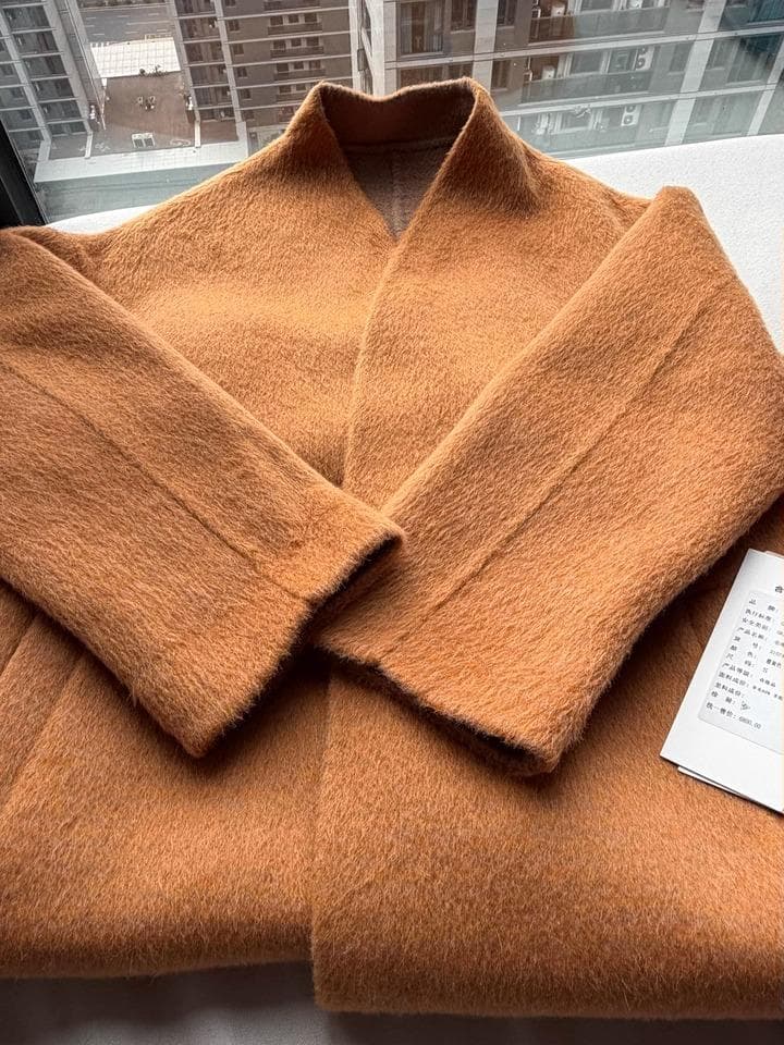 【新品】カシミヤ ロングコートダブルフェイス ウール オレンジ ベルト付き M
