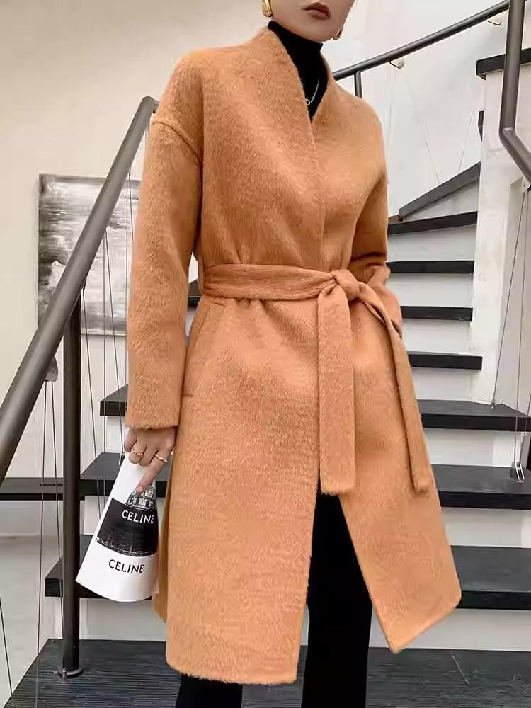 【新品】カシミヤ ロングコートダブルフェイス ウール オレンジ ベルト付き M