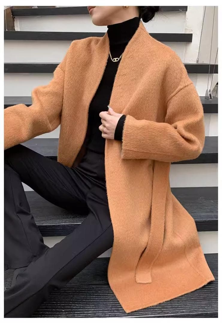 【新品】カシミヤ ロングコートダブルフェイス ウール オレンジ ベルト付き M