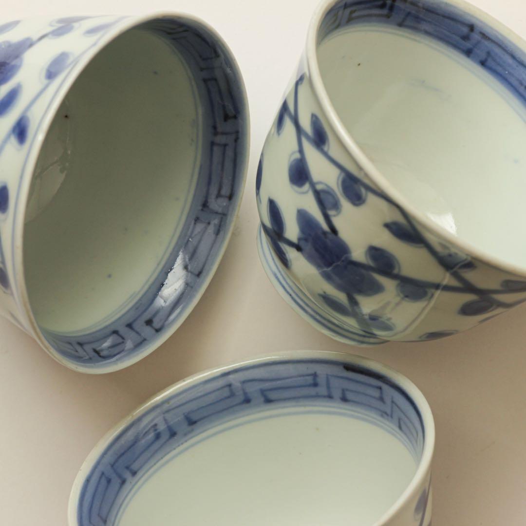 古伊万里　伊万里　江戸　後期　幕末　梅　向付　茶器　煎茶碗　染付　3客セット