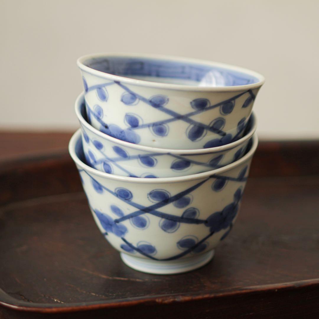 古伊万里　伊万里　江戸　後期　幕末　梅　向付　茶器　煎茶碗　染付　3客セット