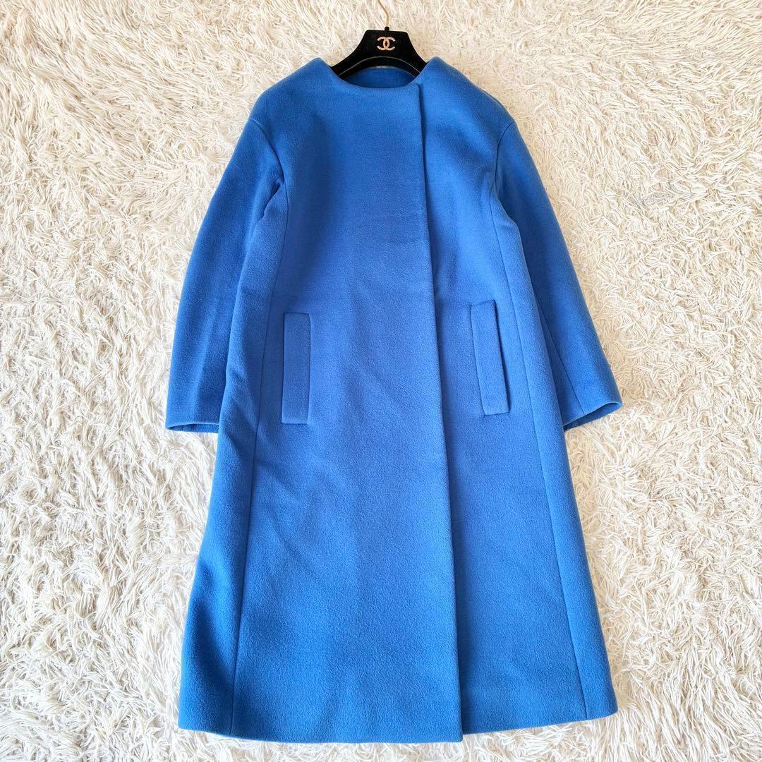 ESTNATION ノーカラーコート ロング ブルー ウール エストネーション